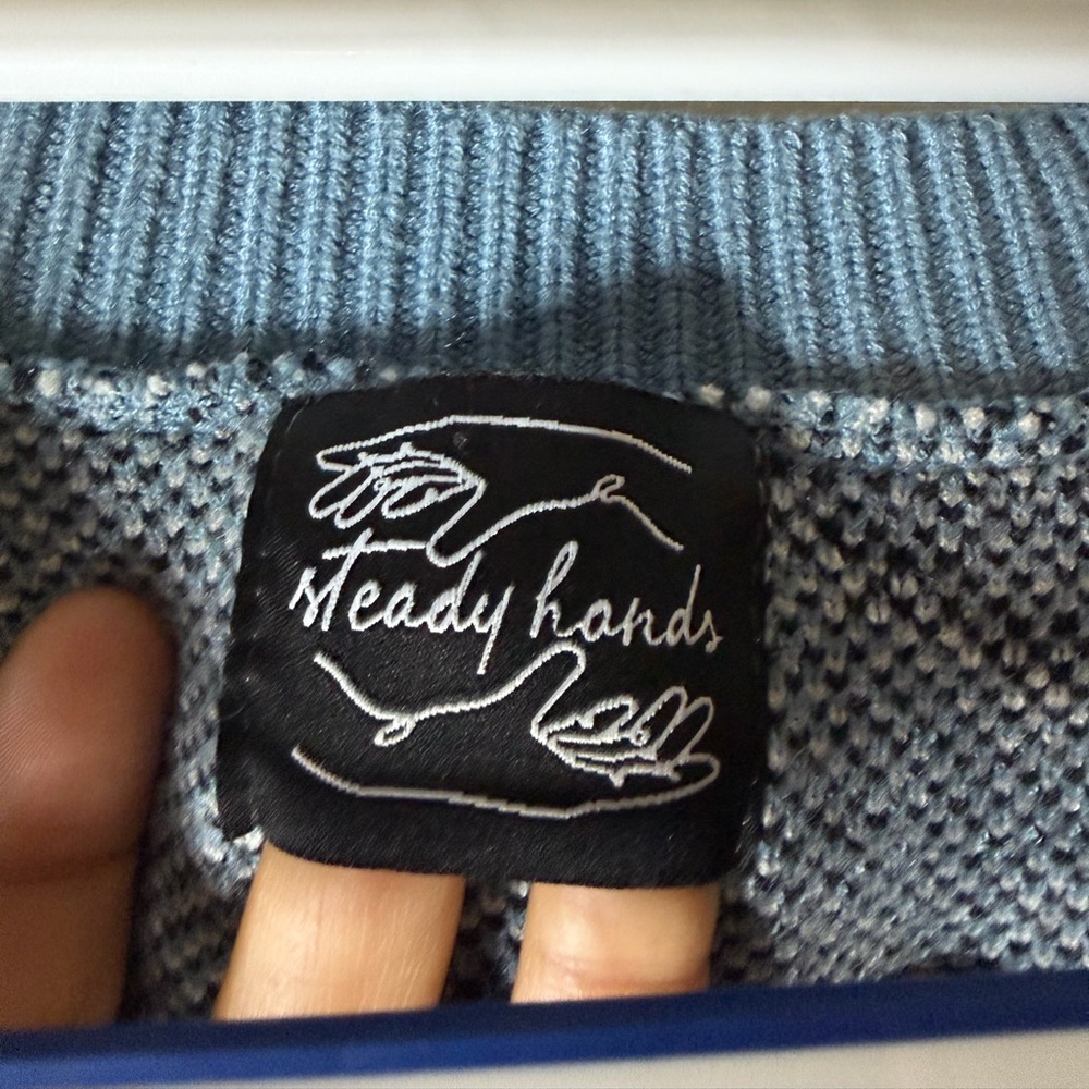 Steady Hands Cloud Pattern Cardigan Sweater Blue White M/L Cozy Indie Knit - Picture 6 of 10
